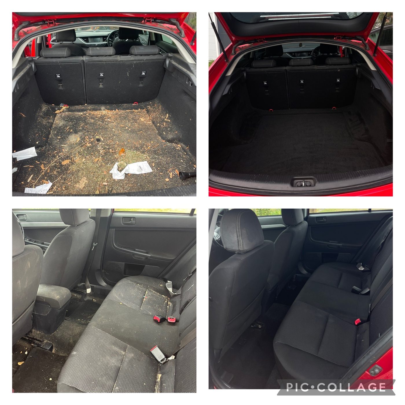 Before and after mobile car detailing — boot and rear seats deep cleaned